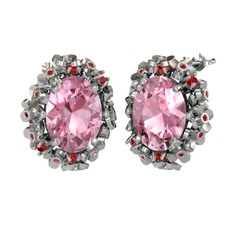 Pembe kuvars ve garnet 18 ayar beyaz altın küpe