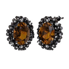 Dumanlı kuvars ve pırlanta 925 ayar siyah rodyum kaplama gümüş küpe (0.36 karat)