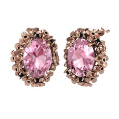 Pembe kuvars ve siyah zirkon 8 ayar rose altın küpe