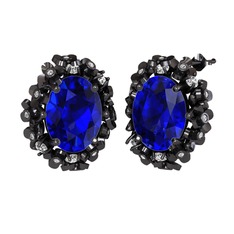 Lab safir ve pırlanta 925 ayar siyah rodyum kaplama gümüş küpe (0.36 karat)