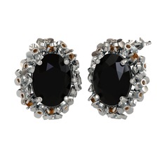 Belka Demet Küpe - Siyah zirkon ve dumanlı kuvars 8 ayar beyaz altın küpe #2mcurm