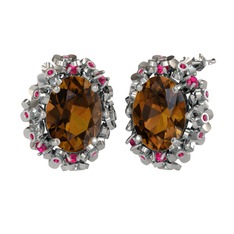 Belka Demet Küpe - Dumanlı kuvars ve rodolit garnet 14 ayar beyaz altın küpe #64cpo