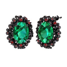 Belka Demet Küpe - Yeşil kuvars ve garnet 925 ayar siyah rodyum kaplama gümüş küpe #6ken0v