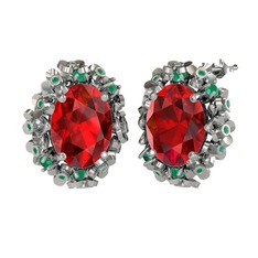 Garnet ve kök zümrüt 14 ayar beyaz altın küpe