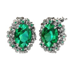 Yeşil kuvars ve kök zümrüt 14 ayar beyaz altın küpe