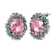 Belka Demet Küpe - Pembe kuvars ve kök zümrüt 14 ayar beyaz altın küpe #i516uj