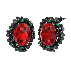 Belka Demet Küpe - Garnet ve yeşil kuvars 925 ayar siyah rodyum kaplama gümüş küpe #j9frgh