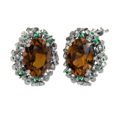 Dumanlı kuvars ve yeşil kuvars 14 ayar beyaz altın küpe