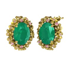 Kök zümrüt ve pembe kuvars 18 ayar altın küpe