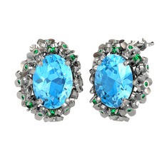 Akuamarin ve yeşil kuvars 14 ayar beyaz altın küpe