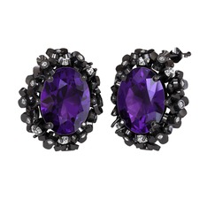 Belka Demet Küpe - Ametist ve beyaz zirkon 925 ayar siyah rodyum kaplama gümüş küpe #q7vmab