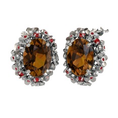 Belka Demet Küpe - Dumanlı kuvars ve garnet 14 ayar beyaz altın küpe #r3l7b3