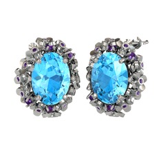 Akuamarin ve ametist 8 ayar beyaz altın küpe