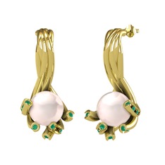 Valda İnci Küpe - Pembe inci ve kök zümrüt 14 ayar altın küpe #117zifw