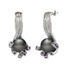 Valda İnci Küpe - Siyah inci ve ametist 18 ayar beyaz altın küpe #1g270s7