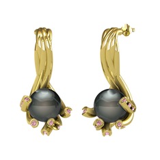 Valda İnci Küpe - Siyah inci ve pembe kuvars 14 ayar altın küpe #d2aob4