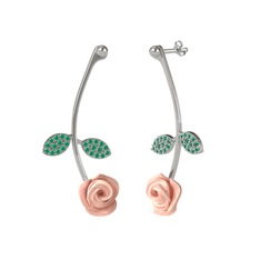 Gül Yaprağı Küpe - Kök zümrüt 8 ayar beyaz altın küpe (Pembe mineli) #1jpmbo2