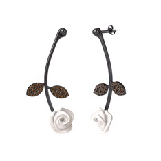 Gül Yaprağı Küpe - Dumanlı kuvars 925 ayar siyah rodyum kaplama gümüş küpe (Beyaz mineli) #1srnaue