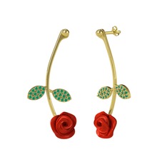 Kök zümrüt 18 ayar altın küpe (Kırmızı mineli)