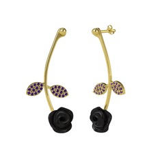 Gül Yaprağı Küpe - Ametist 14 ayar altın küpe (Siyah mineli) #bmtrbq