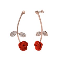 Beyaz zirkon 925 ayar rose altın kaplama gümüş küpe (Kırmızı mineli)