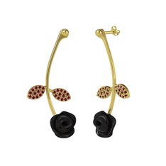 Gül Yaprağı Küpe - Kök yakut 925 ayar altın kaplama gümüş küpe (Siyah mineli) #sv992q