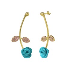 Gül Yaprağı Küpe - Pembe kuvars 8 ayar altın küpe (Turkuaz mineli) #wkiclu