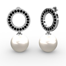 Inci ve siyah zirkon 14 ayar beyaz altın küpe