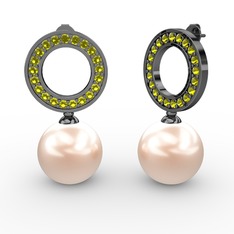 Harmonia İnci Küpe - Pembe inci ve peridot 925 ayar siyah rodyum kaplama gümüş küpe #1ne4ov2