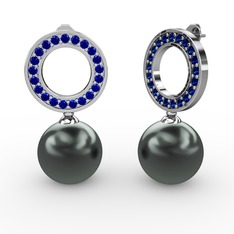 Siyah inci ve lab safir 8 ayar beyaz altın küpe