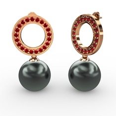 Siyah inci ve garnet 18 ayar rose altın küpe
