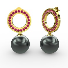 Siyah inci ve rodolit garnet 14 ayar altın küpe