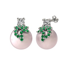 Afra İnci Küpe - Swarovski, yeşil kuvars ve pembe inci 8 ayar beyaz altın küpe #102lxnj