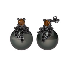 Afra İnci Küpe - Dumanlı kuvars, siyah zirkon ve siyah inci 925 ayar siyah rodyum kaplama gümüş küpe #108n26t