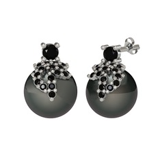 Afra İnci Küpe - Siyah zirkon ve siyah inci 14 ayar beyaz altın küpe #10me5ob