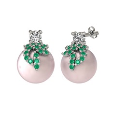 Swarovski, kök zümrüt ve pembe inci 14 ayar beyaz altın küpe