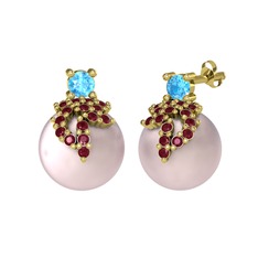 Afra İnci Küpe - Akuamarin, kök yakut ve pembe inci 14 ayar altın küpe #110xpq6