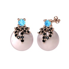 Afra İnci Küpe - Akuamarin, siyah zirkon ve pembe inci 8 ayar rose altın küpe #11cgw4d