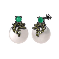 Afra İnci Küpe - Kök zümrüt, peridot ve inci 925 ayar siyah rodyum kaplama gümüş küpe #11csby7