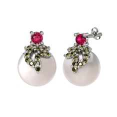 Afra İnci Küpe - Rodolit garnet, peridot ve inci 18 ayar beyaz altın küpe #11vnsda