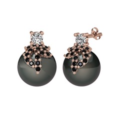 Afra İnci Küpe - Swarovski, siyah zirkon ve siyah inci 14 ayar rose altın küpe #11xu78a