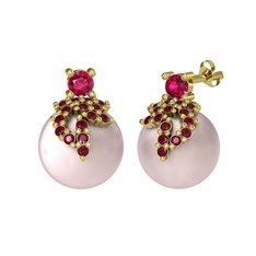 Afra İnci Küpe - Rodolit garnet, kök yakut ve pembe inci 14 ayar altın küpe #1290zt7