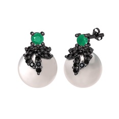 Afra İnci Küpe - Kök zümrüt, siyah zirkon ve inci 925 ayar siyah rodyum kaplama gümüş küpe #129gbs