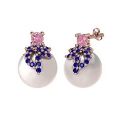 Afra İnci Küpe - Pembe kuvars, lab safir ve inci 14 ayar rose altın küpe #12g63fp