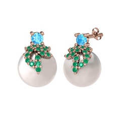 Afra İnci Küpe - Akuamarin, kök zümrüt ve inci 8 ayar rose altın küpe #12gmfft