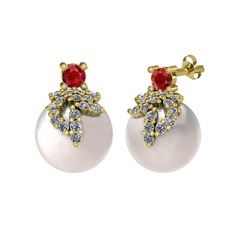 Garnet, pırlanta ve inci 8 ayar altın küpe (0.352 karat)