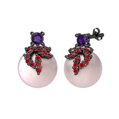 Afra İnci Küpe - Ametist, garnet ve pembe inci 925 ayar siyah rodyum kaplama gümüş küpe #12t4ehy