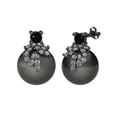 Afra İnci Küpe - Siyah zirkon, pırlanta ve siyah inci 925 ayar siyah rodyum kaplama gümüş küpe (0.352 karat) #12vxi5j