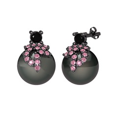 Afra İnci Küpe - Siyah zirkon, pembe kuvars ve siyah inci 925 ayar siyah rodyum kaplama gümüş küpe #1306xcn