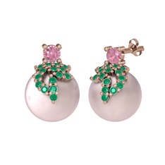 Afra İnci Küpe - Pembe kuvars, kök zümrüt ve pembe inci 14 ayar rose altın küpe #130qm7d